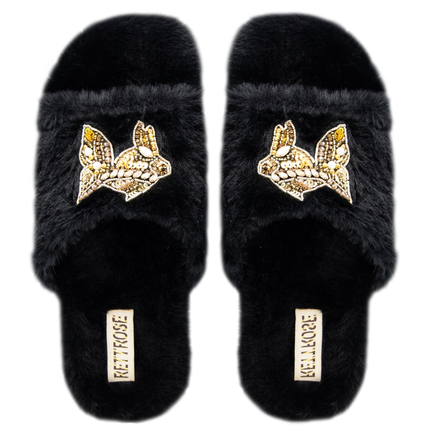 The Mae Black Luxury Plush Diamanté Embellished Handmade Slipper | RETTROSE |