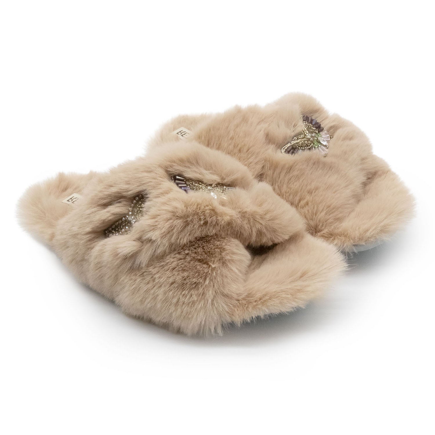 The Sadie Mink Luxury Handmade Women’s Slippers – Beige Faux Fur Front-to-Toe, Diamanté Butterfly, Comfortable Rubber Sole