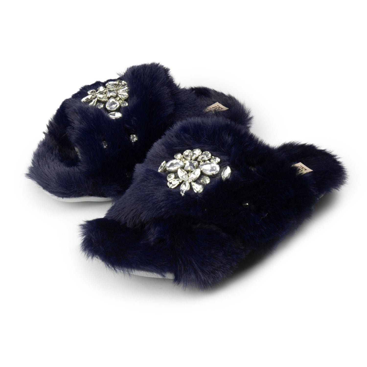 The Audrey Navy Luxury Plush Diamanté Embellished Handmade Slipper | RETTROSE |