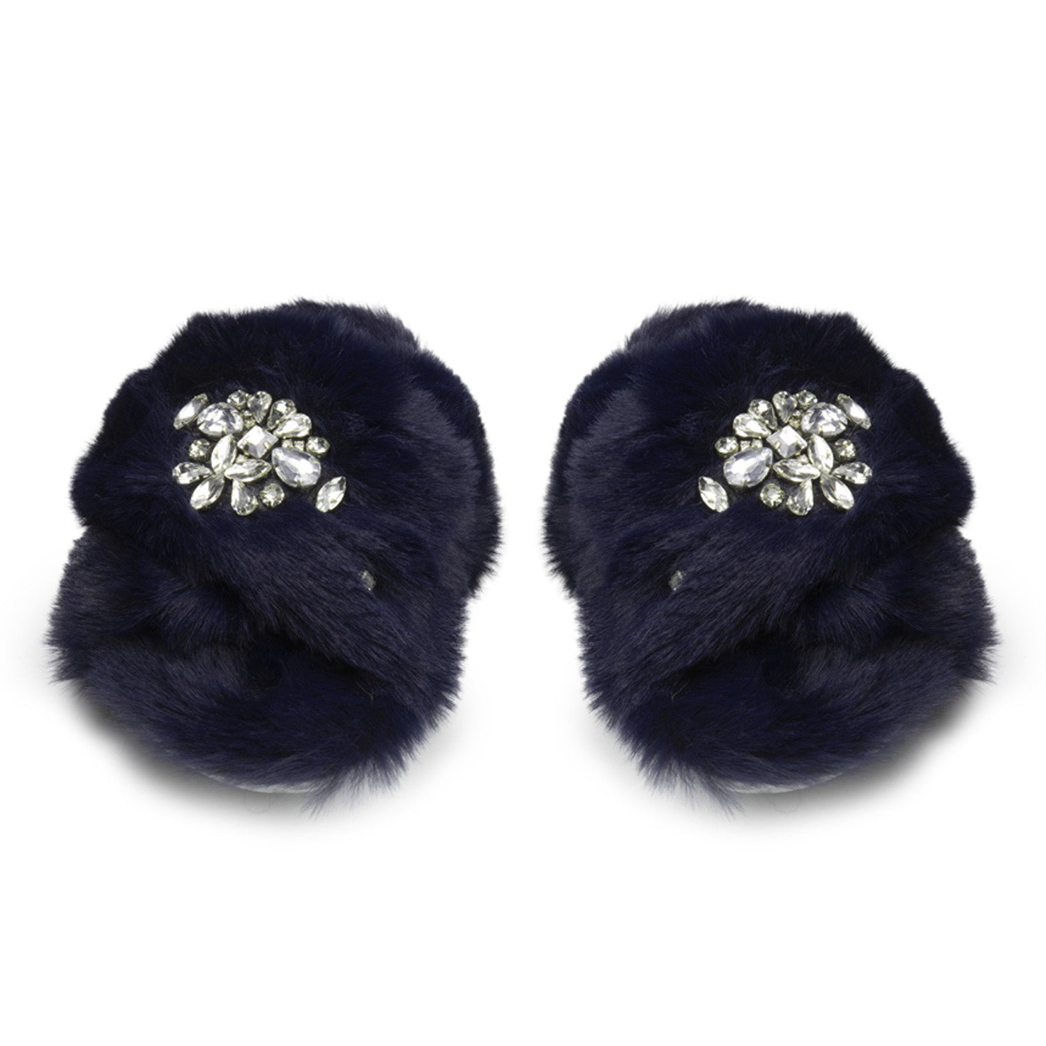 The Audrey Navy Luxury Plush Diamanté Embellished Handmade Slipper | RETTROSE |
