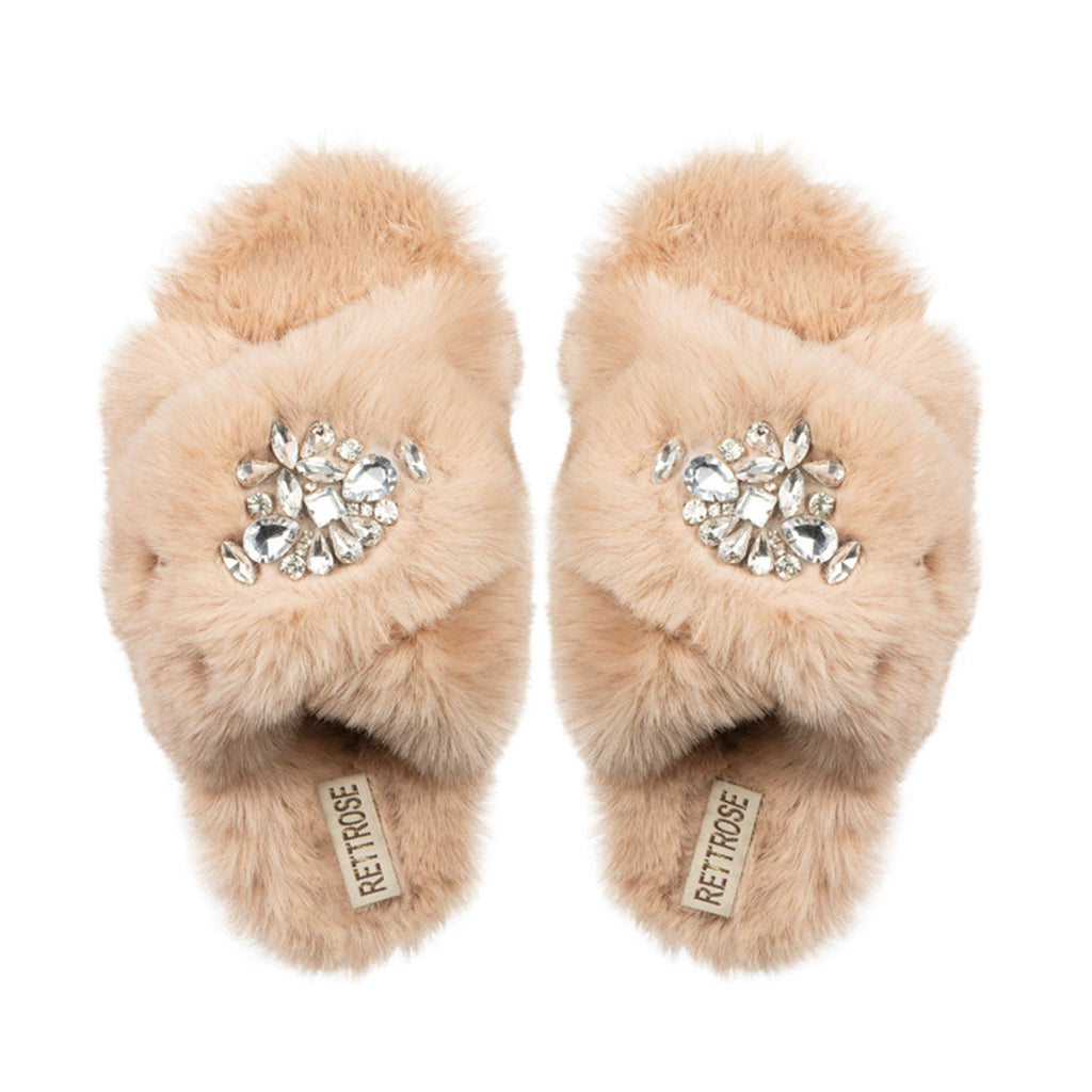The Audrey Mink Luxury Plush Diamanté Embellished Handmade Slipper | RETTROSE |