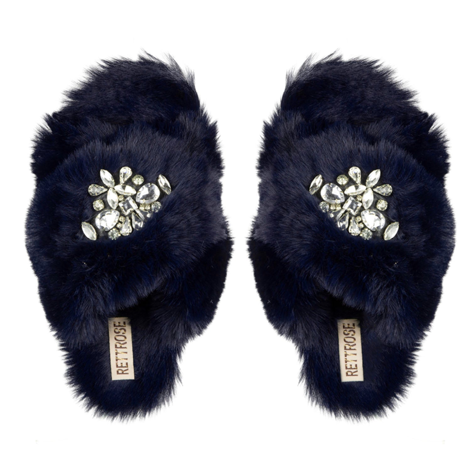The Audrey Navy Luxury Plush Diamanté Embellished Handmade Slipper | RETTROSE |