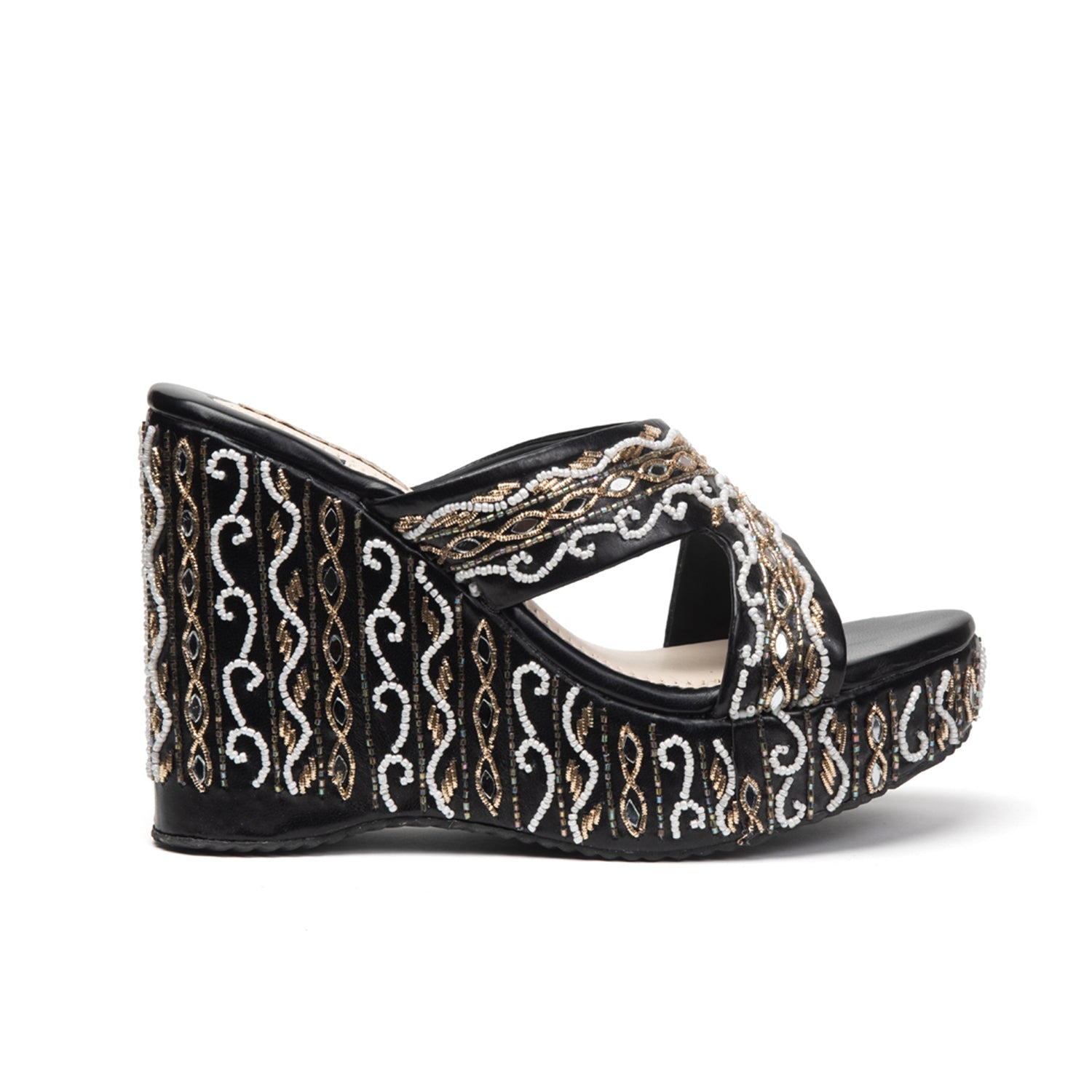 Ruth Black Luxury Handmade Women’s Wedge Heels –  Beaded, Comfortable, 8.5cm Synthetic Wedge by RETTROSE
