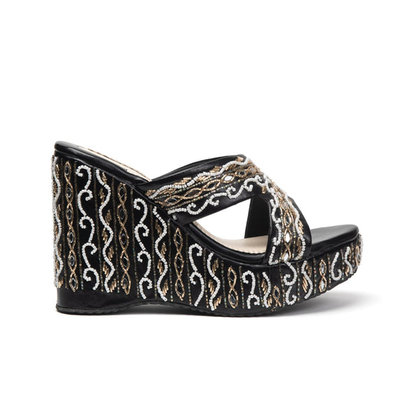 Ruth Black Luxury Handmade Women’s Wedge Heels –  Beaded, Comfortable, 8.5cm Synthetic Wedge by RETTROSE