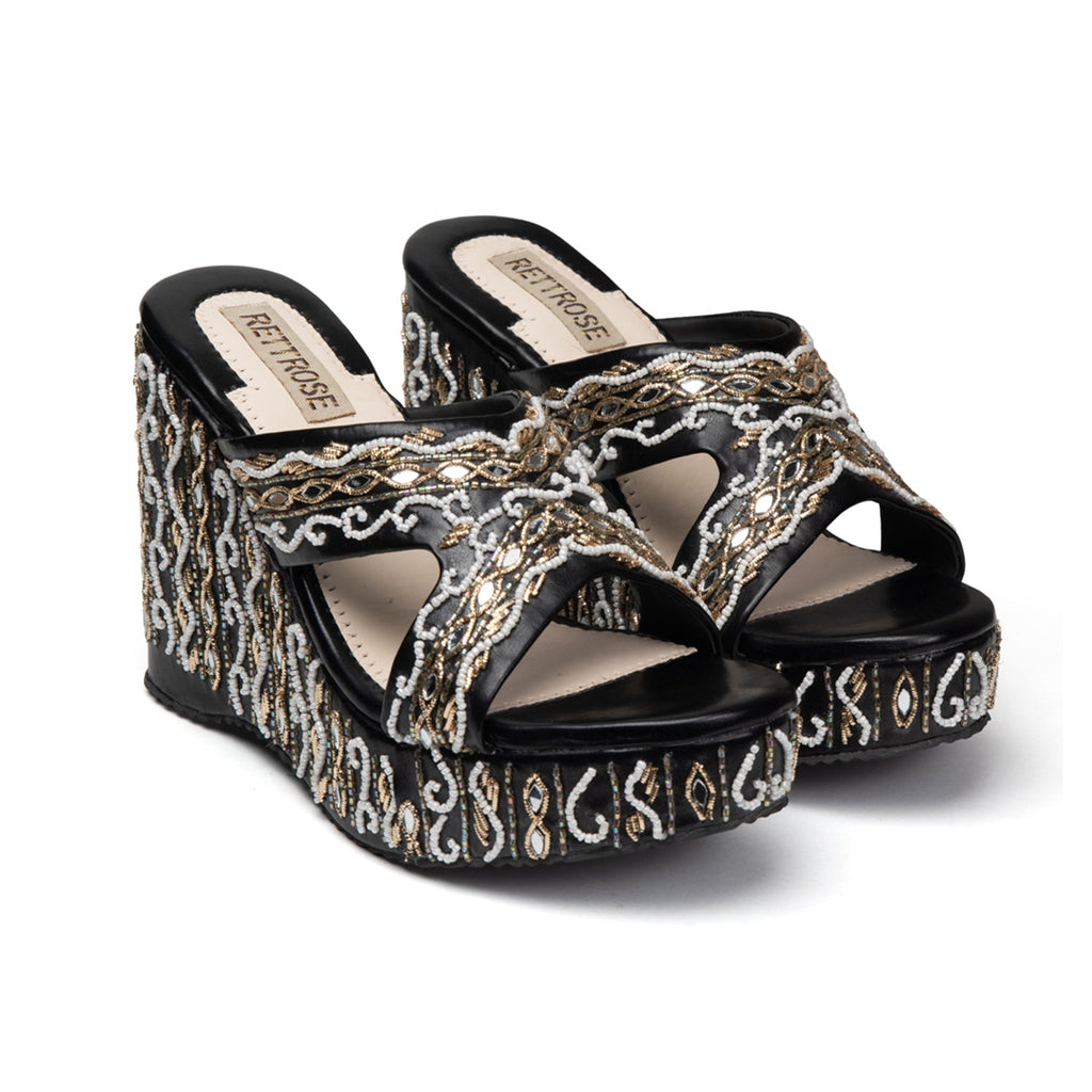 Ruth Black Luxury Handmade Women’s Wedge Heels –  Beaded, Comfortable, 8.5cm Synthetic Wedge by RETTROSE