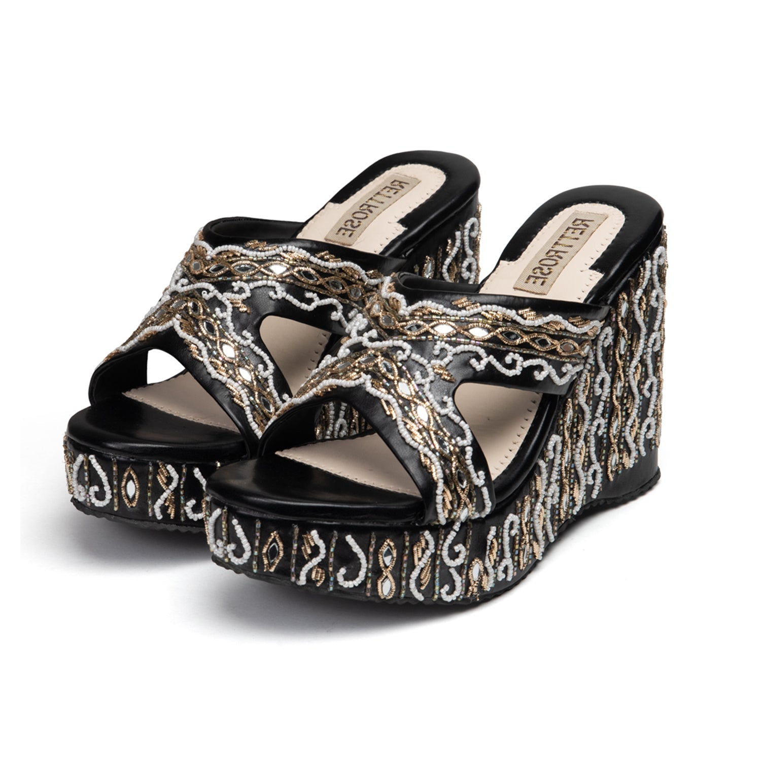 Ruth Black Luxury Handmade Women’s Wedge Heels –  Beaded, Comfortable, 8.5cm Synthetic Wedge by RETTROSE