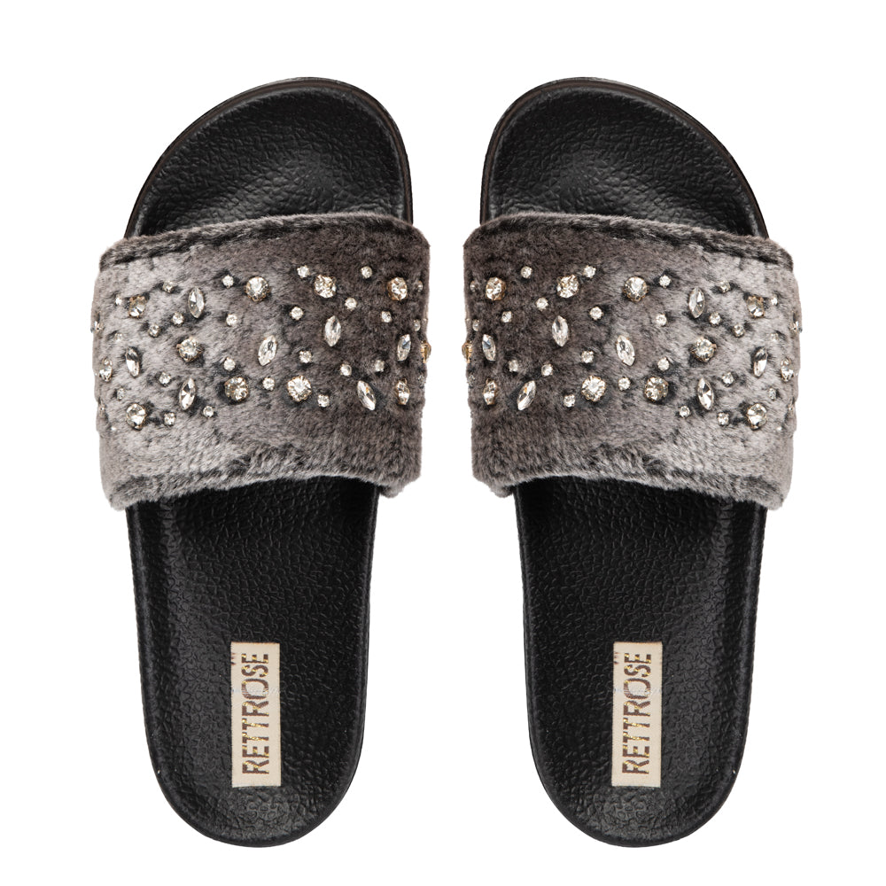 The Sienna Charcoal Luxury Plush Diamanté Embellished Handmade Sliders | RETTROSE |