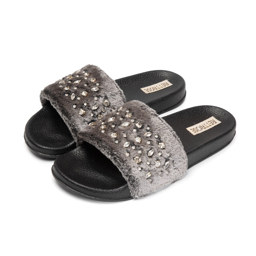 The Sienna Charcoal Luxury Plush Diamanté Embellished Handmade Sliders | RETTROSE |