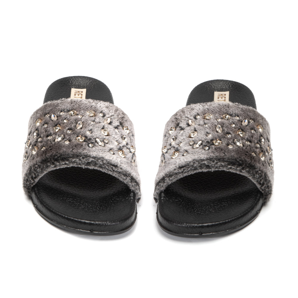 The Sienna Charcoal Luxury Plush Diamanté Embellished Handmade Sliders | RETTROSE |