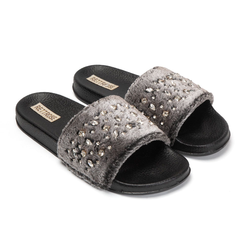 The Sienna Charcoal Luxury Plush Diamanté Embellished Handmade Sliders | RETTROSE |