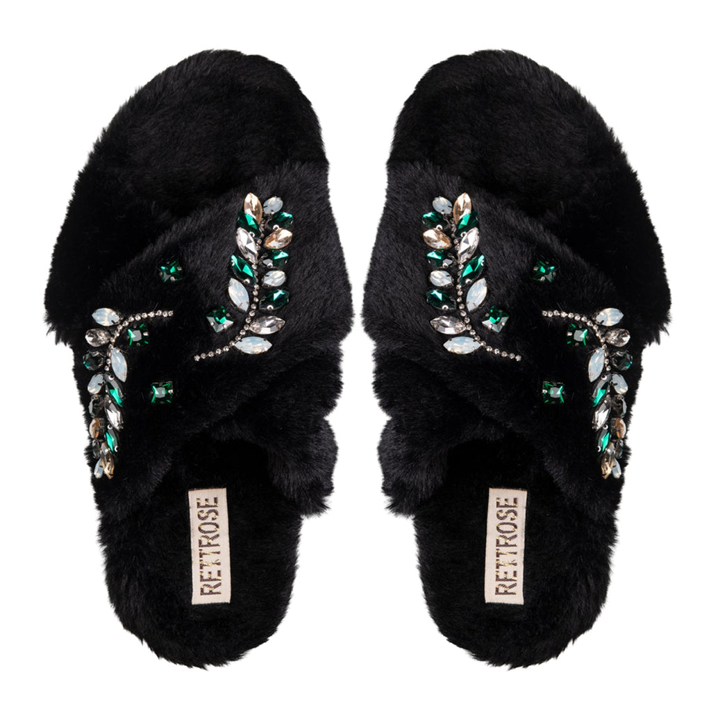 Thea Black Luxury Faux Fur Comfortable Diamanté Embellished Women’s Handmade Slippers