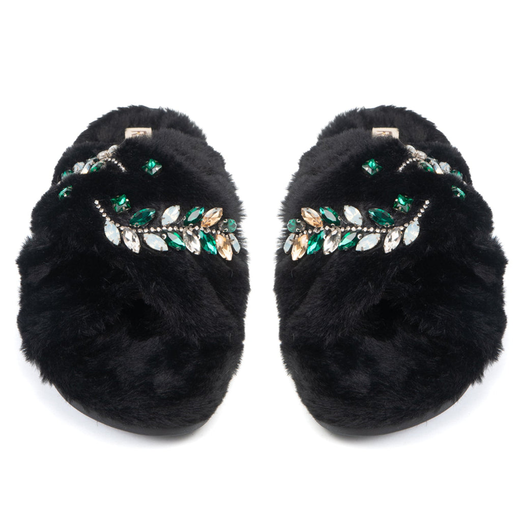 Thea Black Luxury Faux Fur Comfortable Diamanté Embellished Women’s Handmade Slippers