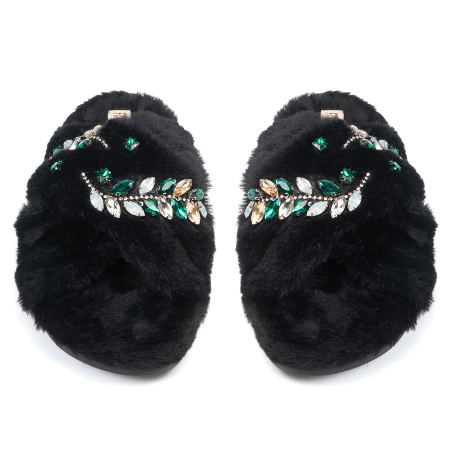 Thea Black Luxury Faux Fur Comfortable Diamanté Embellished Women’s Handmade Slippers