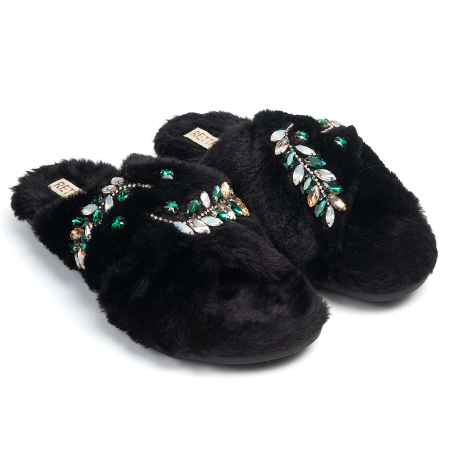 Thea Black Luxury Faux Fur Comfortable Diamanté Embellished Women’s Handmade Slippers