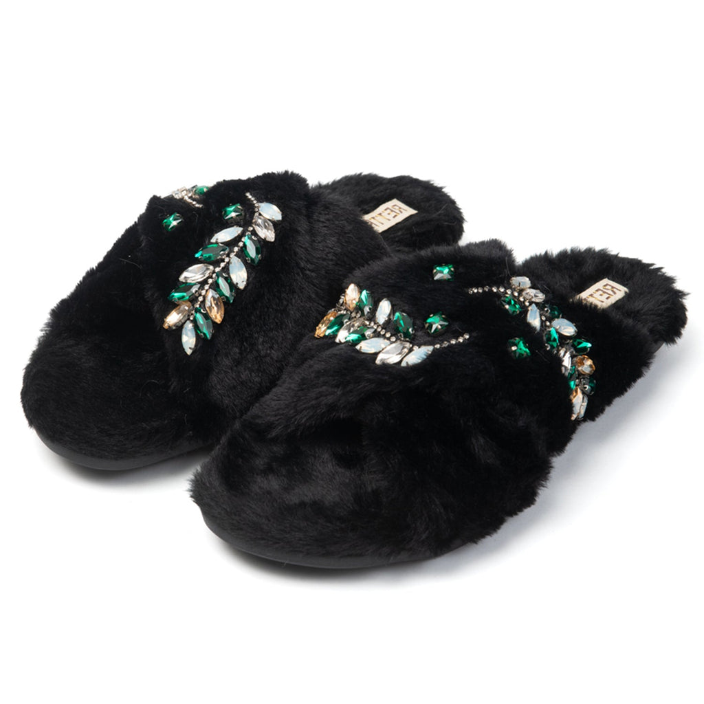 Thea Black Luxury Faux Fur Comfortable Diamanté Embellished Women’s Handmade Slippers