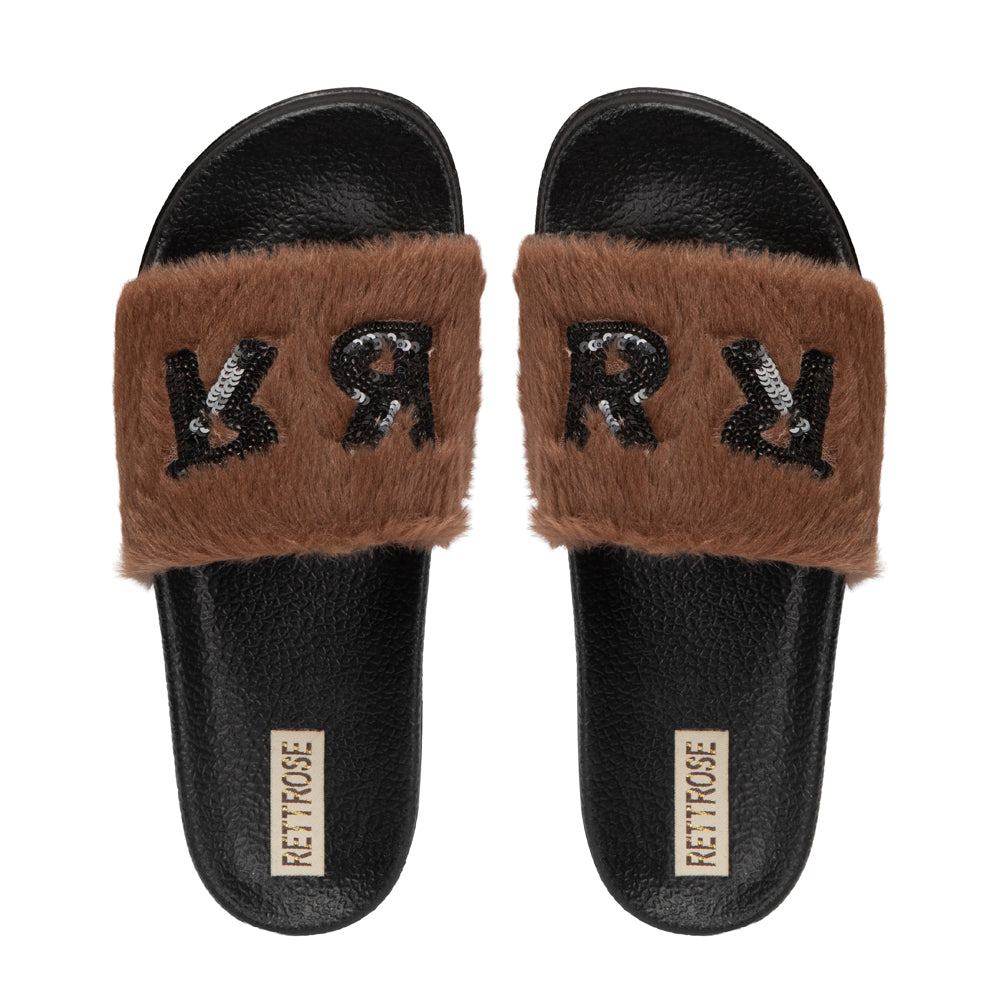 The Truvi Chocolate Luxury Plush Diamanté Embellished Handmade Sliders | RETTROSE |