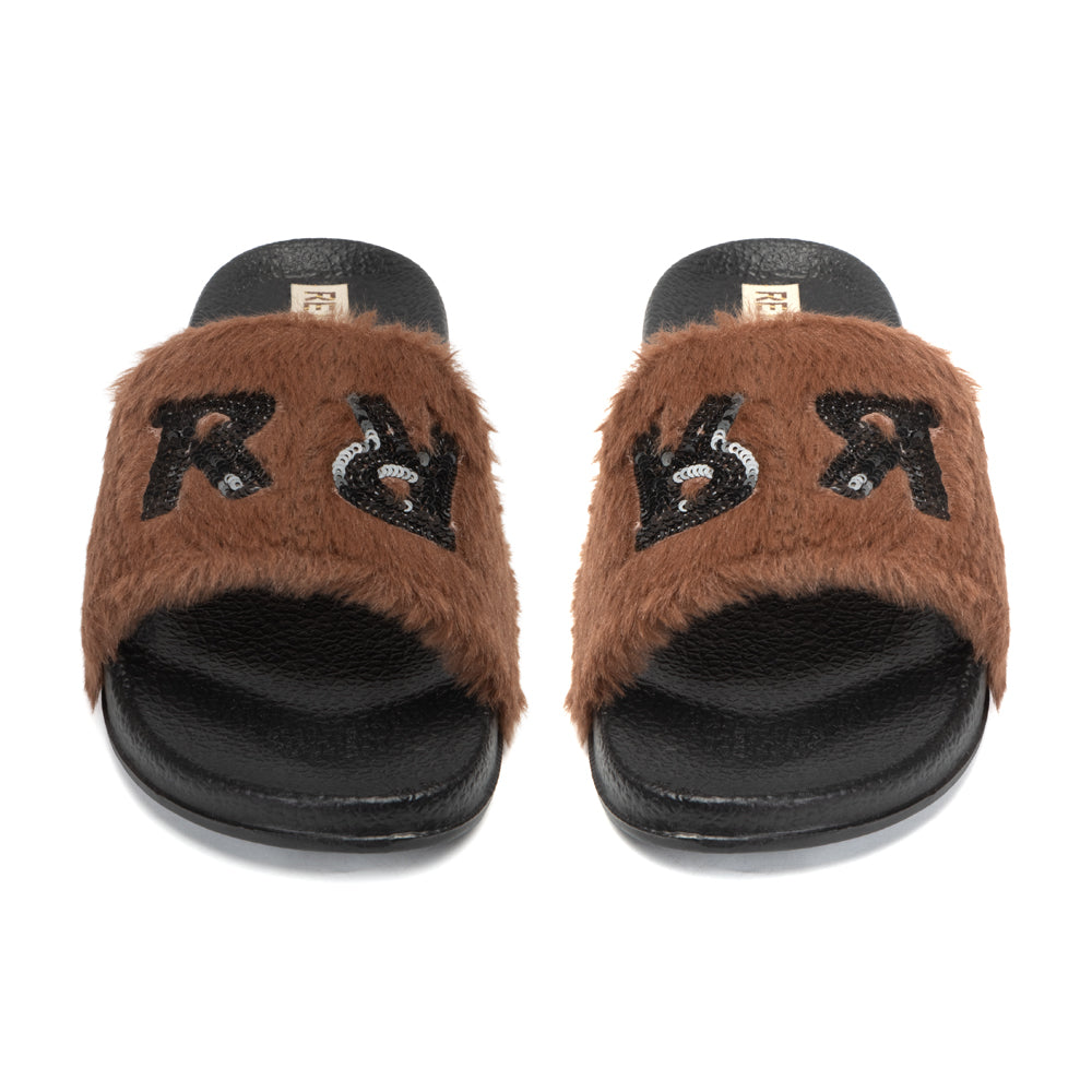 The Truvi Chocolate Luxury Plush Diamanté Embellished Handmade Sliders | RETTROSE |