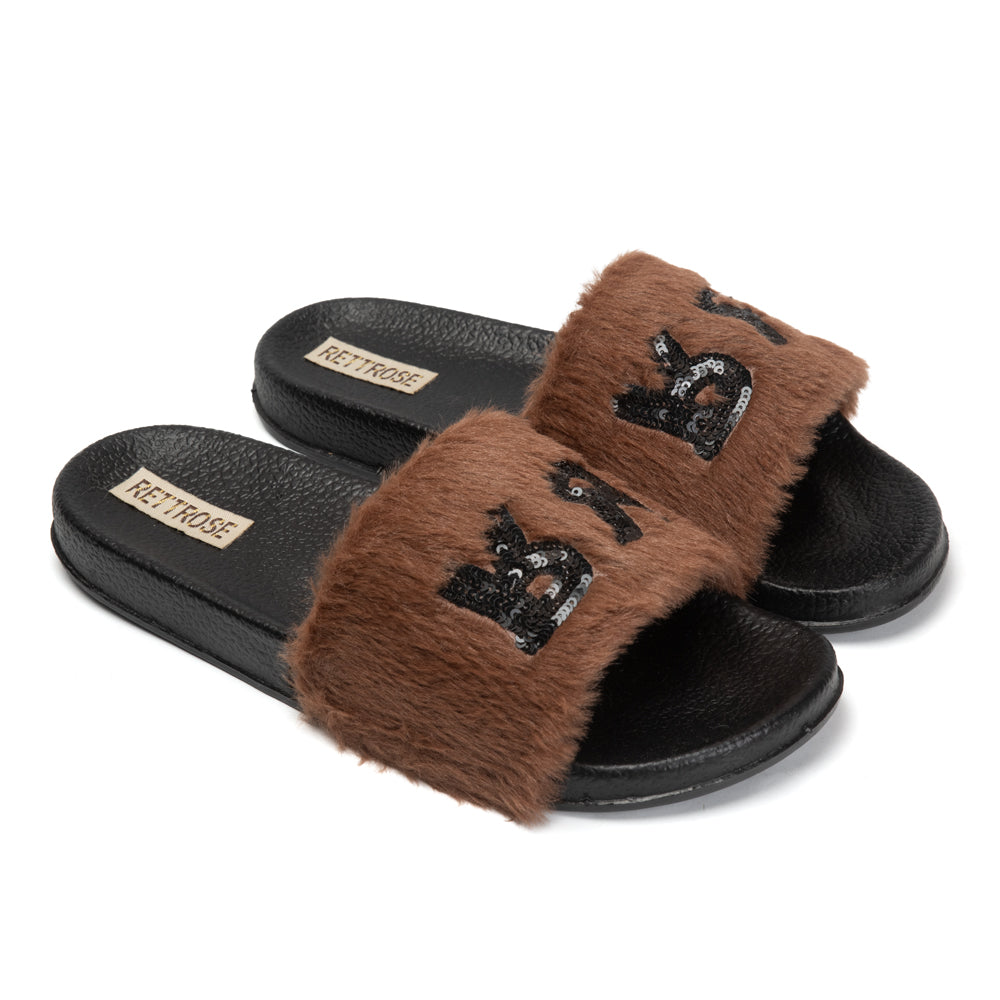 The Truvi Chocolate Luxury Plush Diamanté Embellished Handmade Sliders | RETTROSE |