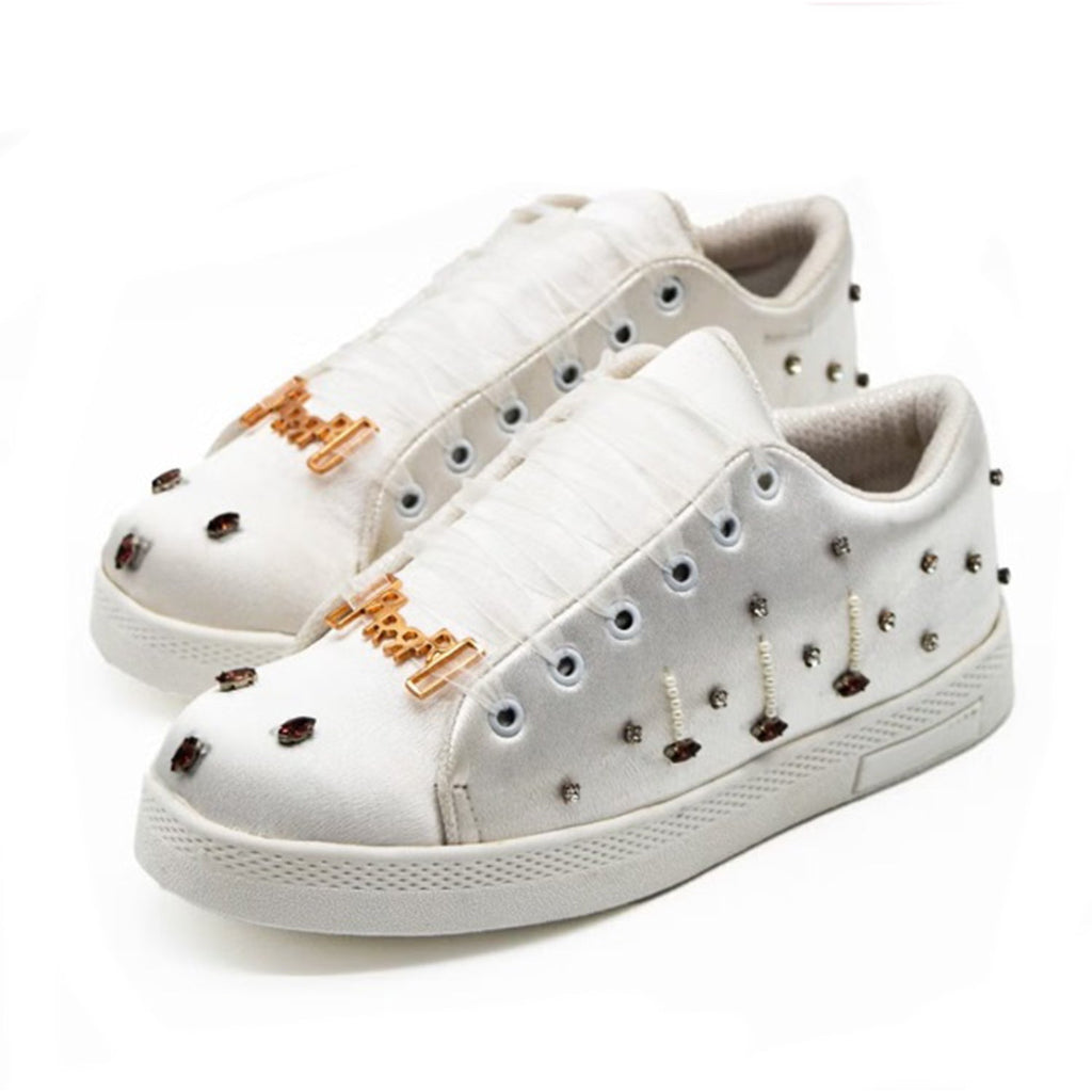 Amara Luxury White Satin Handmade Embellished Tennis Shoe