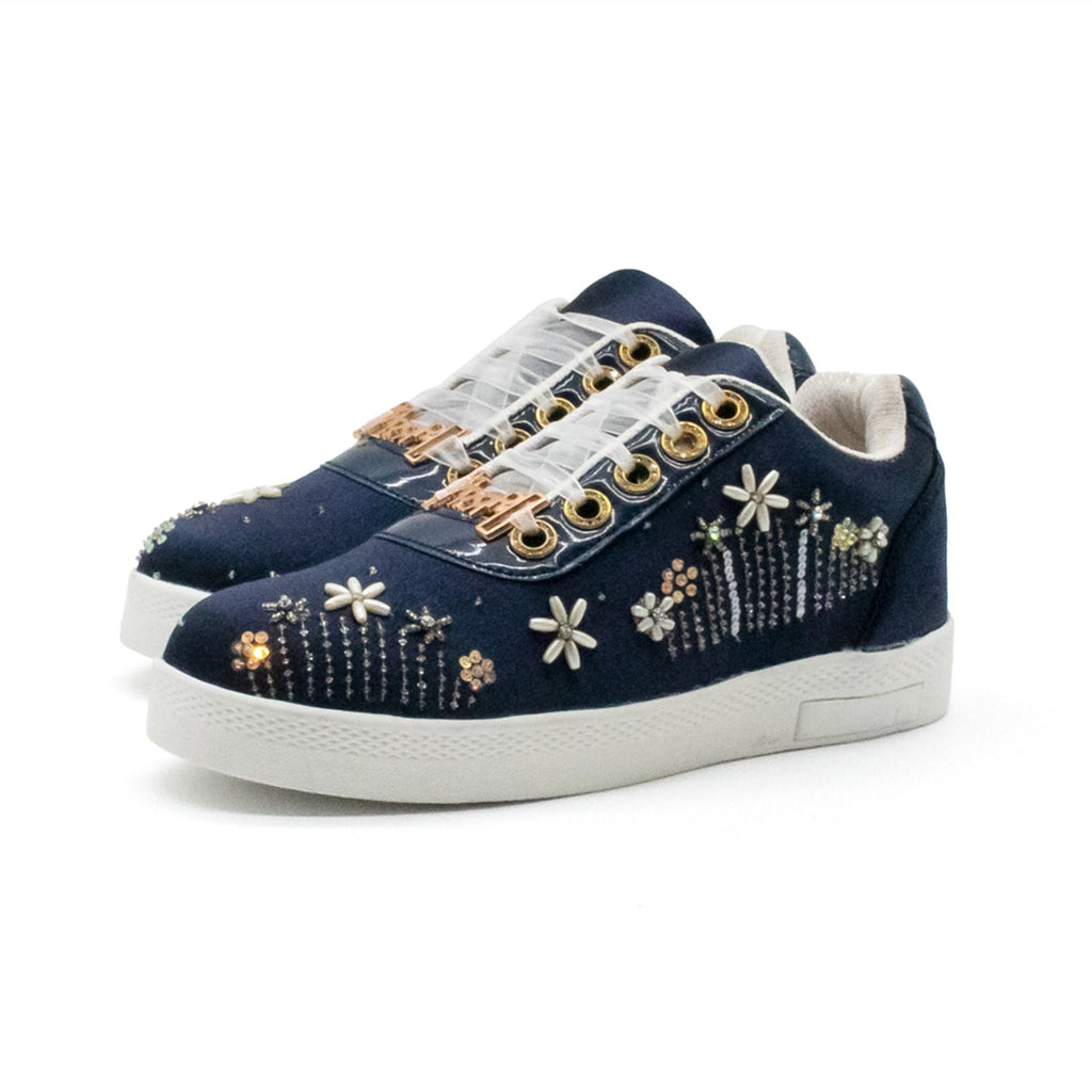 Luella Luxury Navy Satin Handmade Embellished Tennis Shoe