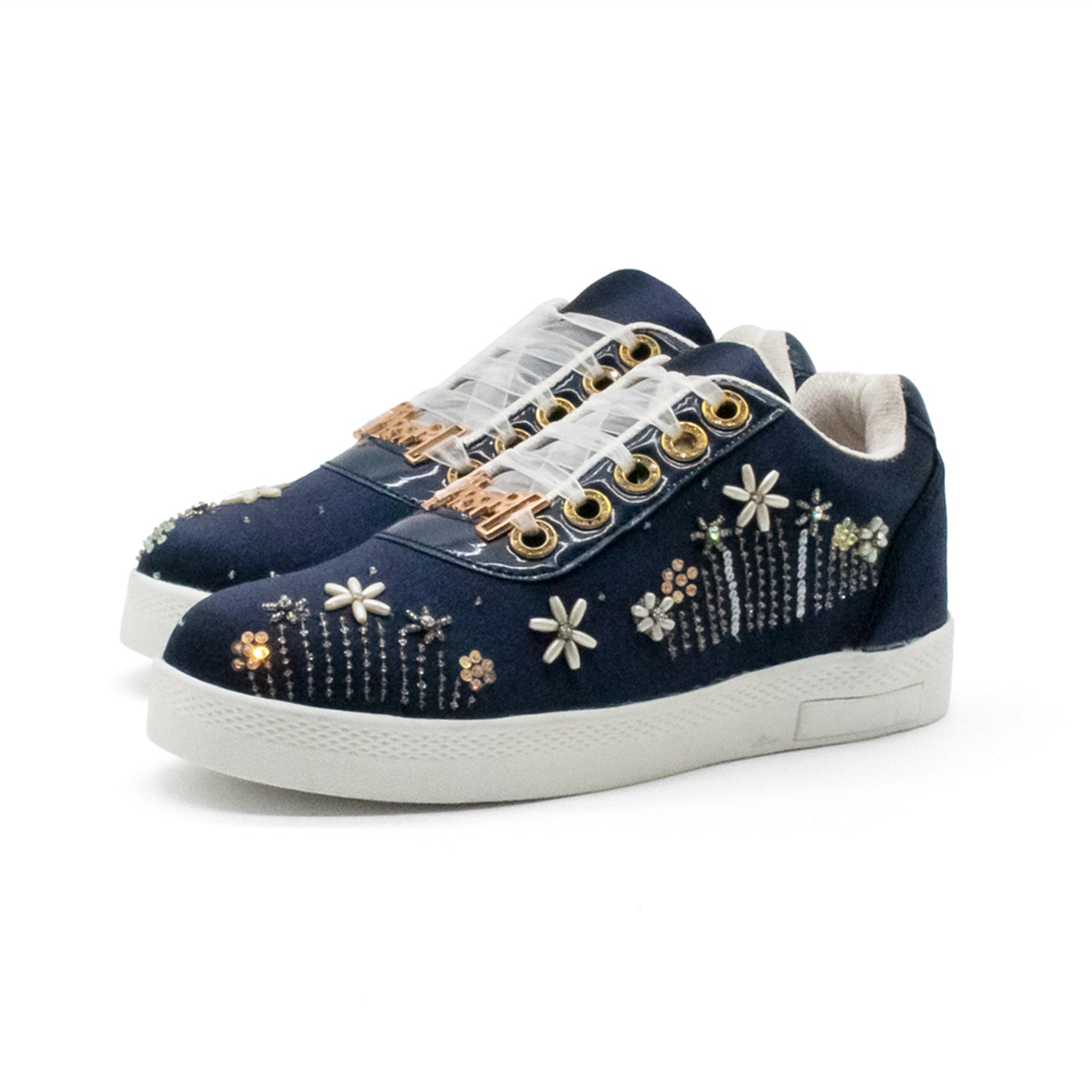 Luella Luxury Navy Satin Handmade Embellished Tennis Shoe